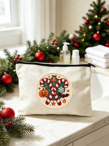 1pc Sweet & Playful Fabric Rectangular Makeup Bag, Embossed Bow Pattern With Label Patch, Zipper Closure Large Capacity Storage Bag, Soft Quilted Cosmetic Bag, Portable Organizer, Suitable For Daily Use, Travel, Bedroom And Back To School - Multicolor - View 10