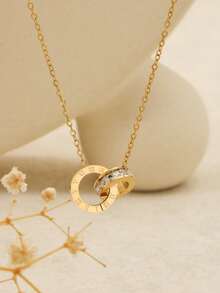 1pc Silver Classic Round Roman Numeral Decor Pendant, Minimalist Style Women's Stainless Steel Necklace, Suitable For Daily Accessories - Gold - View 1