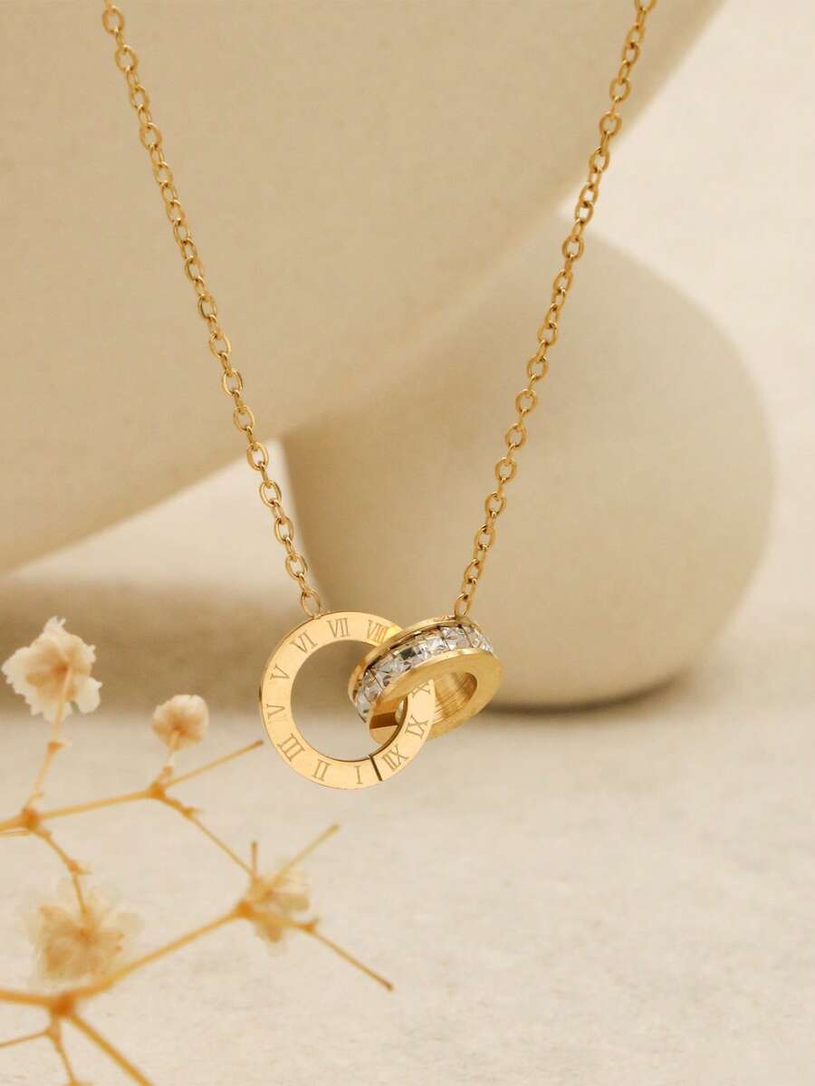 1pc Silver Classic Round Roman Numeral Decor Pendant, Minimalist Style Women's Stainless Steel Necklace, Suitable For Daily Accessories - Gold - View 1