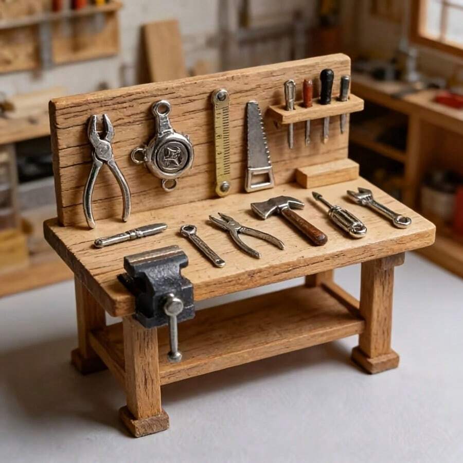 1 Toolbox And 10 Random Tool Models - Mini Realistic Alloy Tool Set, Includes 10 Realistic Tools Such As Wrench, Hammer And Tape Measure, With Transparent Storage Box, Miniature Tool Room Scene Accessories, Vintage Silver Tone, Scene Photography Props