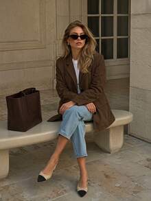 Women's Autumn Elegant Casual Brown Single-Breasted Long Sleeve Blazer, Suitable For Vacation, Office, Outing - Brown - View 3