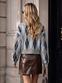 Women Fall Winter Vintage Argyle Knit Sweater, Polo Collar Long Sleeve Cropped Pullover, Diamond Pattern Button Knit Top - Grey - View 2