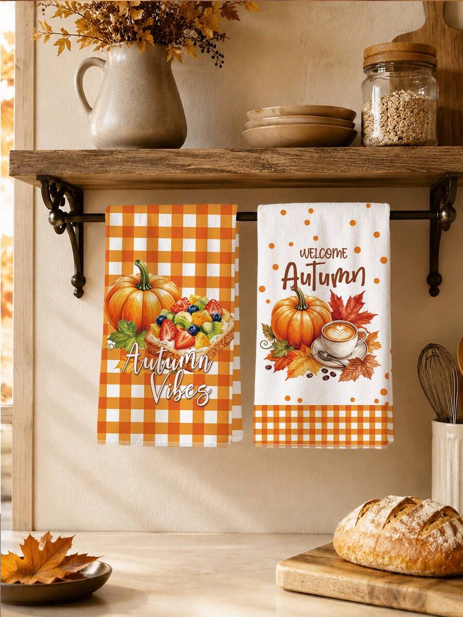 2 buah Handuk Dapur Motif Musim Gugur untuk Teh Sore, Kue, Kopi, dan Daun Maple, Kain Lap Piring Poliester Lembut, Cocok untuk Dekorasi Dapur, Pembersihan Dapur, Dekorasi Pesta Liburan, Perlengkapan Dapur & Kamar Mandi, Kebutuhan Rumah Tangga, Dekorasi Rumah, Hadiah Pesta Rumah Baru - MultiWarna - View 1