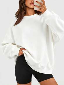 Speed mate Women's Oversized Drop Shoulder Sweatshirt - Solid Color Long Sleeve Crewneck Pullover Top For Fall Winter | Casual Loose Fit Sporty Sweatshirts - White - View 1