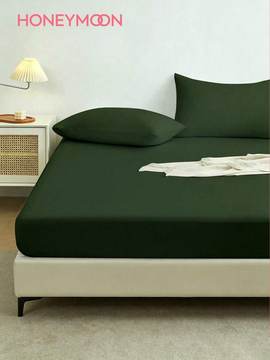 1pc Solid Color Fitted Sheet, Mattress Protector, Soft & Breathable, Fits Twin, Full, Queen, King Size Beds, Essential Bedding For Home And Dorm - Olive Green - View 1