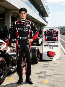 Black & Red Contrast Racing Theme Jumpsuit, Personalized Print Motorcycle Style Long Sleeve Set, Unisex Halloween Cosplay Racing Driver Costume, Zipper Waist Cinched Cuffed Performance Outfit, Carnival Theme Party Role Play Atmosphere Outfit - Multicolor - View 1
