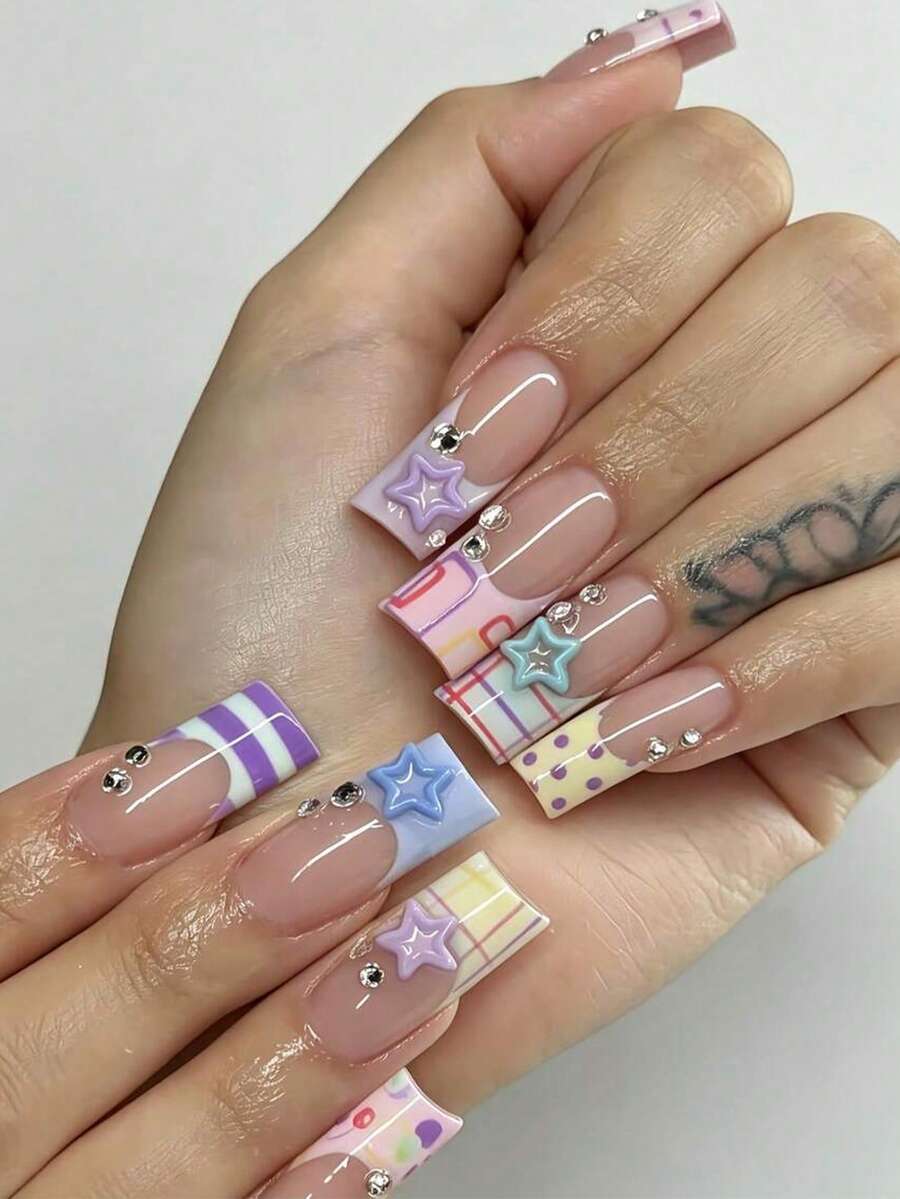 24pcs Sweet Girl Cartoon Long Square Press-On Nails, Translucent Base Macaron Plaid Stripe 3D Star Rhinestone Decorated Long Square Fake Nails - Multicolor - View 1