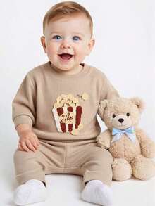 2Pcs/Set Infant/Toddler Popcorn Fleece Embroidered Sweatshirt Set, Spring/Autumn Round Neck Long Sleeve Top & Solid Color Casual Pants, 2 Pieces Children's Outfit - Khaki - View 5