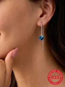 1 Pair S925 Sterling Silver Minimalist Luxury Cool Tone Ins Blue Heart Long Earline French Fashion Gentle Atmosphere Elegant Niche Design Ocean Heart Tassel Heart-Shaped Women's Earrings Fresh Elegant Personality High-End Party Versatile Accessory Gift - Love - View 12