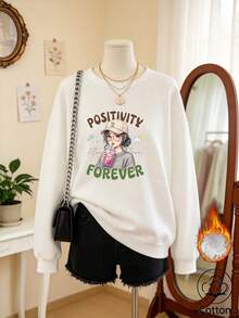 Women's White Round Neck Long Sleeve Pullover Sweatshirt With Rib-Knit Details And 'Positivity Forever' Graphic Print, Casual Style, - White - View 10