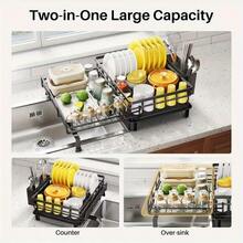 1pc Expandable Dish Rack - Large Sink Drainer, Suitable For Kitchen Countertop Coffee Machine Utensil Draining Rack With Drainage Function - Multicolor - View 7