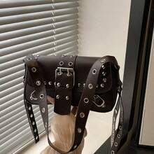 Vintage Punk Silver Rivet & Multi Buckle Saddle Crossbody Bag, Wide Eyelet Strap Faux Leather Motorcycle Shoulder Purse, Y2K Streetwear Small Handbag - Coffee - View 3