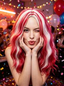 Bright Red White Streak Loose Wave Wig Synthetic Fiber For Girls Music Festival Rave Halloween Cosplay Vibrant Party - View 3