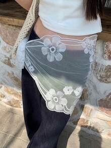 1pc Solid Color Floral Lace Mesh Embroidered Shawl Scarf,Beach,Holiday - White - View 3