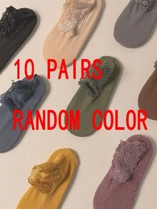 1/3/5/10 Pairs Women's Autumn/Winter Pure Cotton Lace Socks, Solid Color Loose Fit, Warm Thickened Versatile Ruffle Socks, Sleep Socks, Floor Socks - Multicolor - View 10