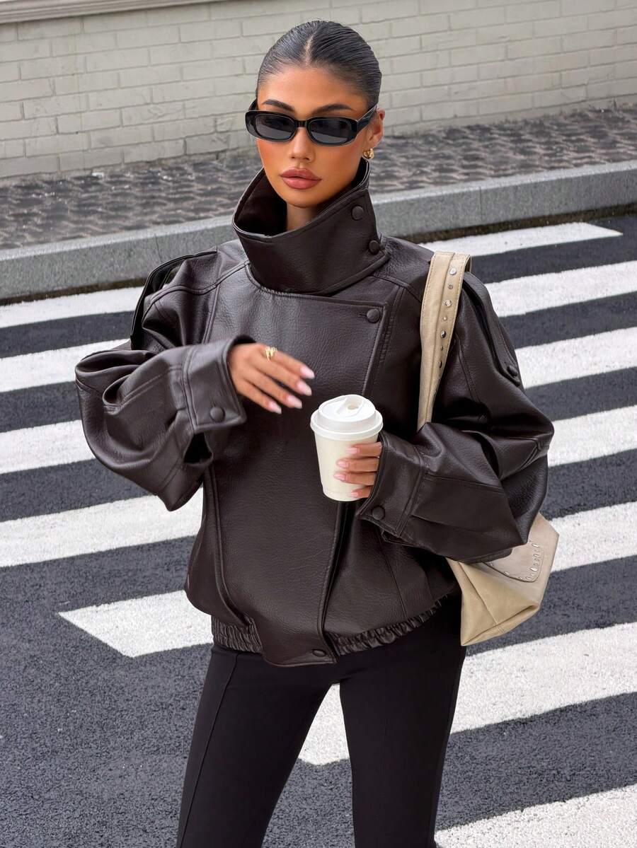 DEEKA Spring/Autumn New Women's Loose Oversized European And American Style Fashion Minimalist Versatile Faux Leather Jacket, Effortless Style Fall - Brown 2 - View 1