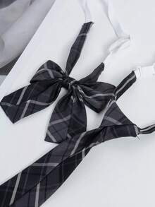 1套格紋領結領帶套組，預綁式可調節JK制服領結，復古校園風女款襯衫配件 - 彩色 - 查看 6