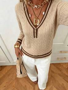 Elegant V-Neck Button Cable Knit Pullover Sweater, Fashionable Minimalist Contrast Color Casual Versatile Knit Top For Women - Khaki - View 6
