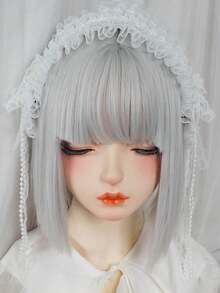 1件白色蕾絲髮箍，附粉色蝴蝶結與緞帶，蘿莉塔風格女款時尚 Cosplay 髮飾 - 米色 - 查看 2