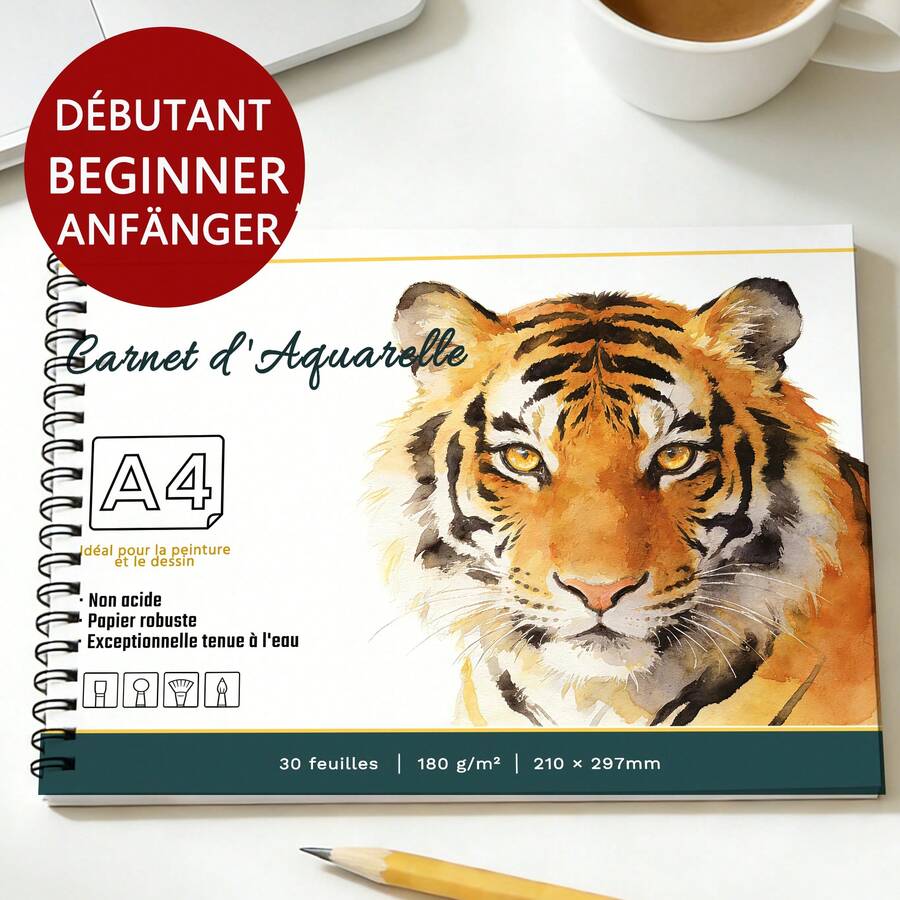 Sketchbook And Practice Book, A4/A5 Size, French Animal Pattern Cover, 30 Sheets 180g Acid-Free Watercolor Paper, Top Spiral Binding, Suitable For Drawing And Writing, Back To School Supplies For Students And Hobbyists - Multicolor - View 1