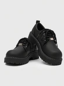 Spring/Summer New Men's Chunky Heel Casual Dress Shoes, Business Low-Top Lace-Up Formal Shoes, Minimalist Derby Shoes For Party, Wedding, Commute, Date, Work - Black - View 6