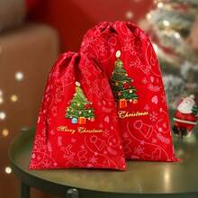 1pc Christmas Tree Non-Woven Fabric Drawstring Gift Bag, Red And Green Color, Tree Pattern, Suitable For Christmas, New Year, Birthday And Various Holiday Party Favors - Multicolor - View 5