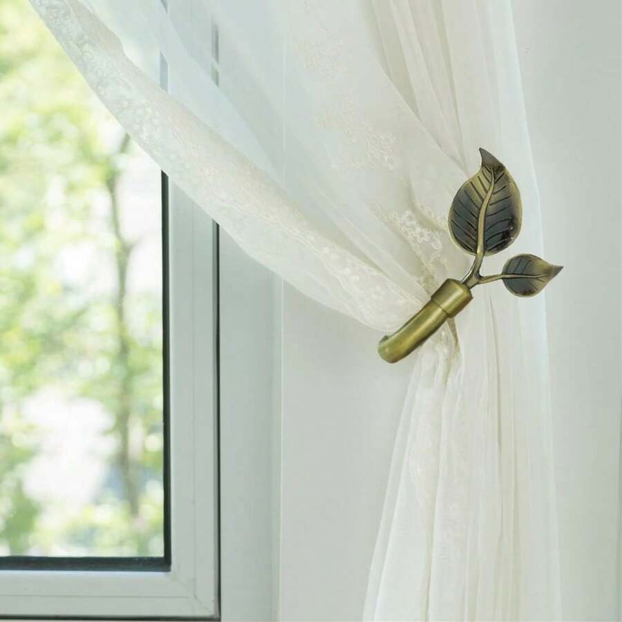 2pcs Leaf-Shaped Curtain Tiebacks, Handmade Metal Curtain Side Brackets | For Wall, Curtain Hooks Pull Back For Curtain Window Decoration - Multicolor - View 1