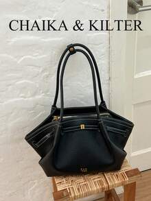 CHAIKA & KILTER 1pc Solid Color PU Fabric Shoulder Bag, Women's Casual Litchi Texture Large Capacity Tote Bag With Pleated Design, Adjustable Waist Belt Decor, Dual Handles, Magnetic Closure, Suitable For Travel, Shopping, Dating, Women's Gift, Ideal For Teenage Girls, College Students, Beginners And White-Collar Workers, Perfect For Office, Campus, Work, Business, Commute, Outdoor, Travel, Outing - Black - View 4