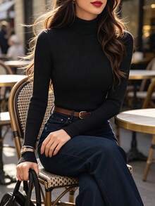 DONICY 女款優雅黑色高領針織上衣，直條紋修身長袖短版內搭毛衣 - 黑色 - 查看 11