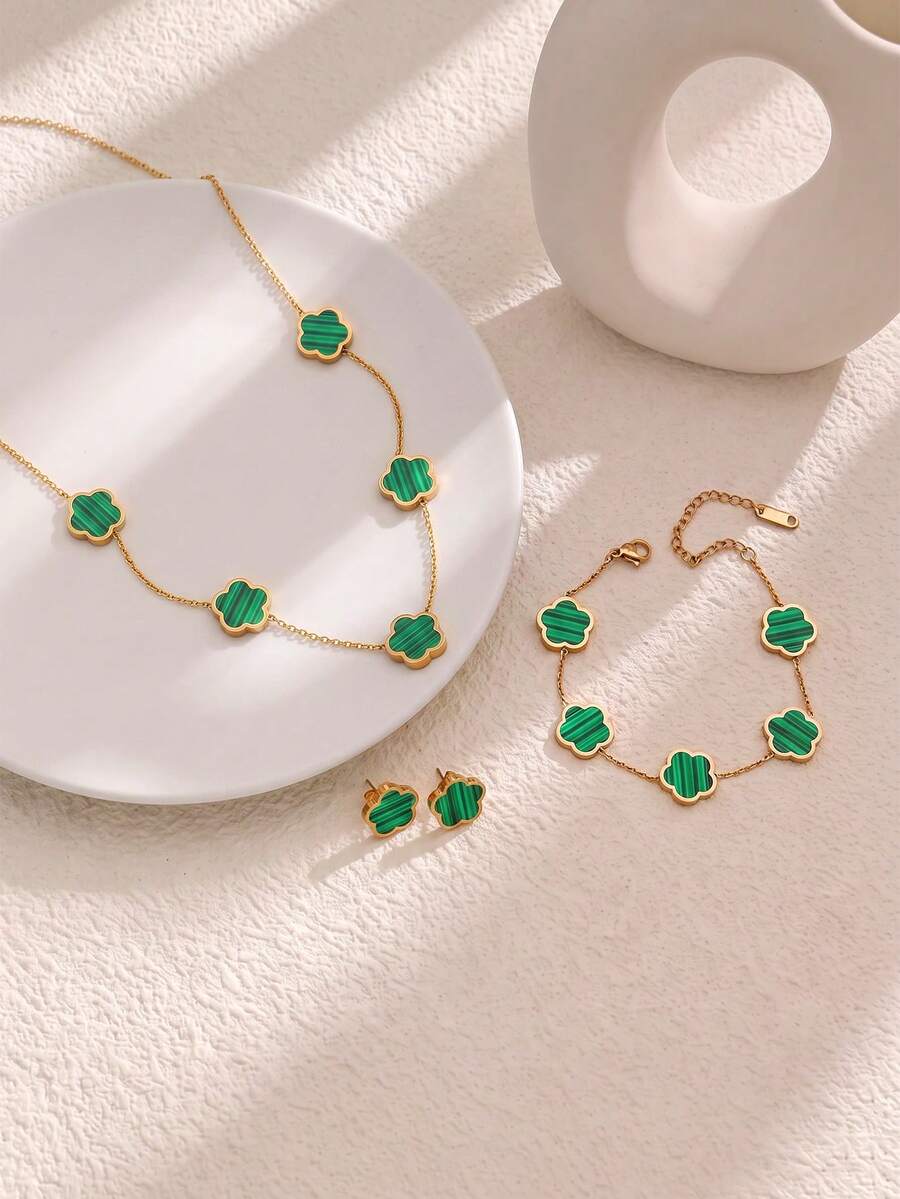 3pcs Classic Lucky Five-Petal Flower Stainless Steel Earrings Necklace Bracelet Set, European And American Fashion Versatile Five-Petal Flower Pattern Jewelry Set - Green - View 1
