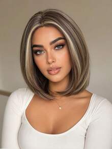10 Inch Gold Shiny Wavy Wig, Heat Resistant Synthetic Wig With Bangs For Women - Gold - View 6