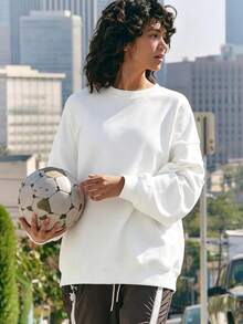 Speed mate Women's Oversized Drop Shoulder Sweatshirt - Solid Color Long Sleeve Crewneck Pullover Top For Fall Winter | Casual Loose Fit Sporty Sweatshirts - White - View 6