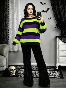 Plus Size Women's Colorblock Striped Distressed Knit Top, Asymmetric Neck, Lantern Sleeve, Y2K Gothic Punk, Suitable For Daily Wear, Halloween And Carnival Parties - Multicolor - View 3