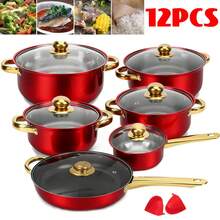 12PCS Cooking Pot Set, Induction Non Stick Cookware, Stainless Steel Cooking Pots And Pans With Lids, Red Kitchenware Set For Home Cooking - View 1