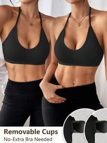 2pcs Seamless Ribbed Openback V‑Neck High Stretch Sports Bra, Removable Pads Fitness Tank Top, Soft Comfortable Breathable Yoga Bra - Black - View 2