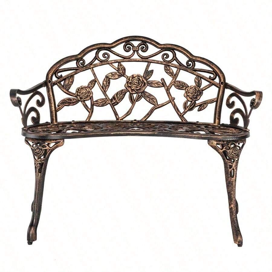 Antique Brass Rose Pattern Aluminum Bench - Lightweight And Weather Resistant For Garden/ Patio, Classic European Design (38.5 Inch/ 98 Cm) - Bronze - View 1