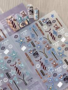 1pc 5D Full Nail Sticker Embossed Vintage Collegiate Style Bear Denim Star Bow Tie Zipper Badge Pattern Waterproof Self-Adhesive Nail Art Sticker Suitable For Back To School Season Daily Party DIY Manicure - Multicolor - View 2