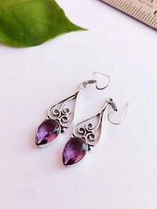 1 Pair Vintage Bohemian Style Purple Rhinestone Teardrop Geometric Hollow Pendant Earrings, Suitable For Women's Daily, Party, Travel Wear Jewelry Gift - Silver - View 1