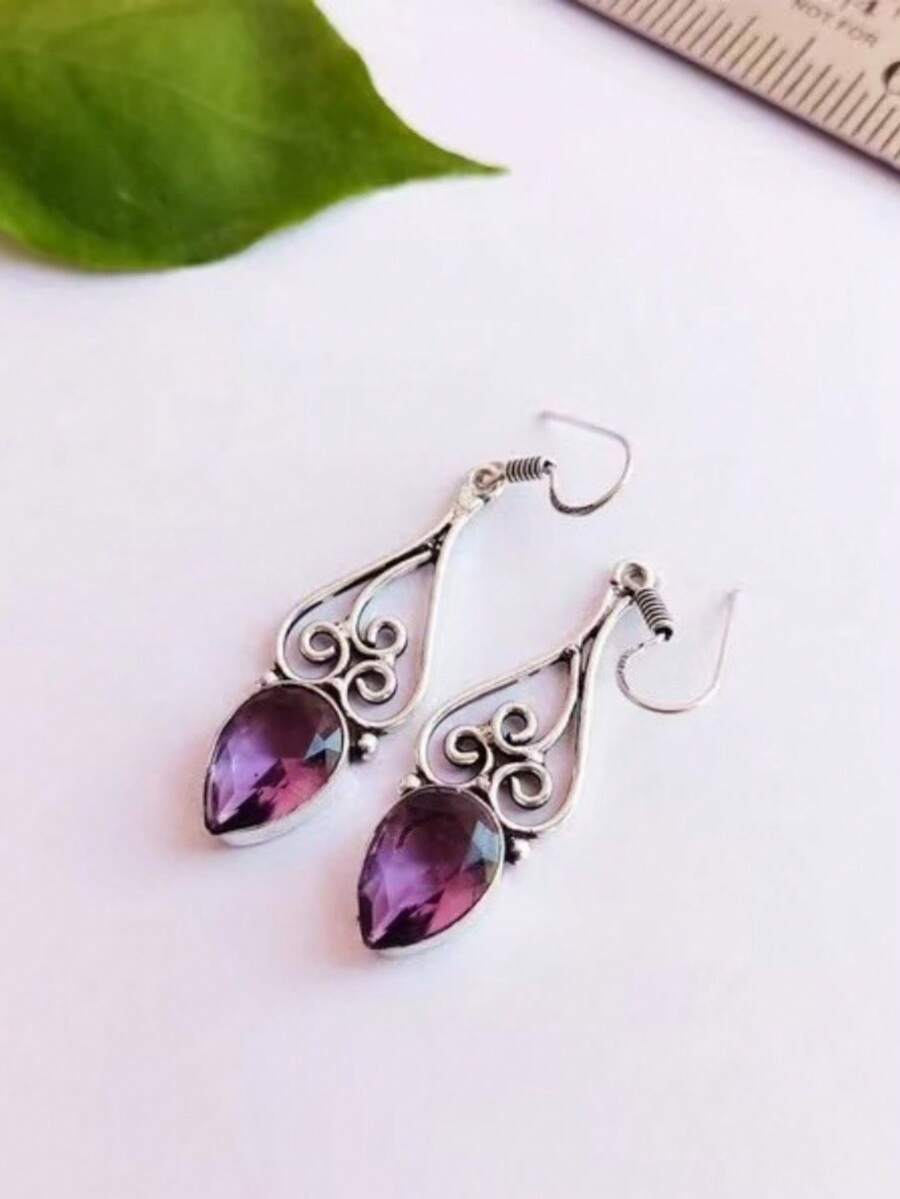 1 Pair Vintage Bohemian Style Purple Rhinestone Teardrop Geometric Hollow Pendant Earrings, Suitable For Women's Daily, Party, Travel Wear Jewelry Gift - Silver - View 1