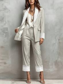Urban Elegant Lace Patchwork Striped Long Sleeve Blazer With Pockets And Lining, And Casual Long Pants With Elastic Waistband, Suitable For Daily Commute, Office, Party, Holiday, Campus And Other Occasions - Apricot - View 6