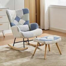 Relaxing Rocking Chair With Footrest, Modern Fabric Armchair, Upholstered Sofa Bed For Living Room, Bedroom, Office (Patchwork Color, Houndstooth Pattern) -- Max Load 110 Kg - Blue - View 2