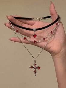 2pcs Multi-Layer Stackable Heart & Cross Necklace, Sweet & Cool Choker Collar Chain For Girls, Suitable For Daily Wear, Valentine's Day, Party - Multicolor - View 1
