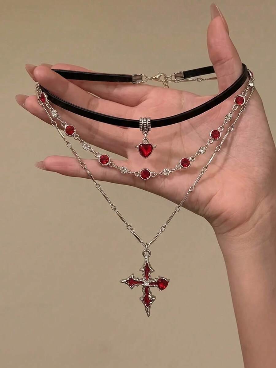 2pcs Multi-Layer Stackable Heart & Cross Necklace, Sweet & Cool Choker Collar Chain For Girls, Suitable For Daily Wear, Valentine's Day, Party - Multicolor - View 1