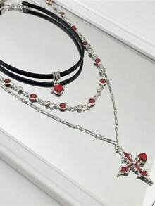2pcs Multi-Layer Stackable Heart & Cross Necklace, Sweet & Cool Choker Collar Chain For Girls, Suitable For Daily Wear, Valentine's Day, Party - Multicolor - View 3