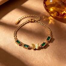 Green Cubic Zirconia FourLeaf Clover Butterfly Bracelet & Bangle Set,18K Gold Plated Stainless Steel Retro Rectangle Stone Stacking Jewelry For Ladies - Multicolor - View 10