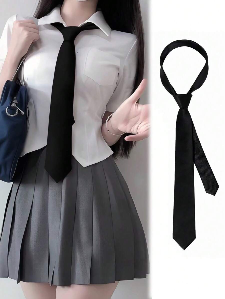 1pc Women's Solid Color Preppy Style Casual Necktie, Hand-Tied Tie Suitable For Shirts And Daily Wear, Versatile Black Necktie - Black - View 1
