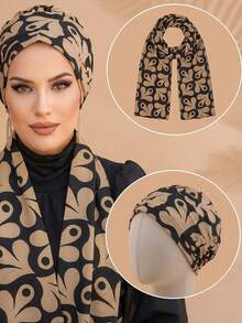 1pc Muslim Women Knitted Satin Printed Hijab + Printed Underscarf 2 Pieces Set, Breathable Sun-Protective Vintage Muslim Headscarf, Suitable For Daily Commute - Khaki Black Print - View 3