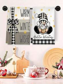 1pc/2pcs Snowman Black & White Plaid Bow Design Kitchen Towel, Christmas Daily Tea Towel, Christmas Baking Dish Cloth Home Decor - Multicolor - View 11