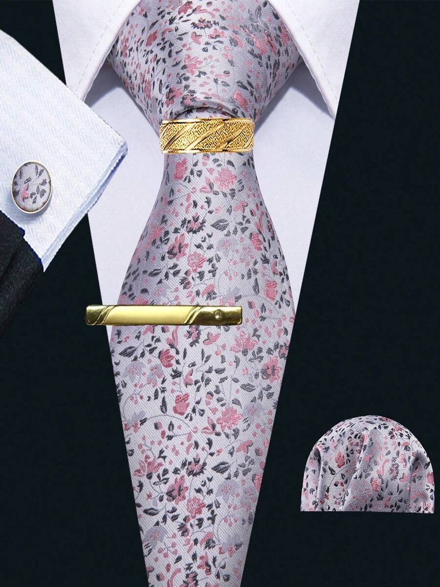 5件組男士粉色小碎花領帶口袋巾袖扣戒指領帶夾套組,袖扣花色隨機,婚禮配件 - 粉色 - 查看 1