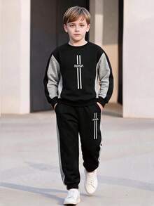 Boys' Spring/Autumn Round Neck Colorblock Sweatshirt 2 Pieces Set, Contrast Sleeve Print Top And Side Contrast Cuffed Sweatpants, Children's Knit Outfit - Black - View 2
